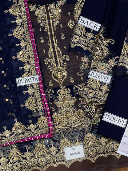 Charizma Premium Heavy Embroidered 3-Piece Unstitched Suit | Chiffon Adda Work | Bareeza Net Dupatta | Wholesale Rs. 8500