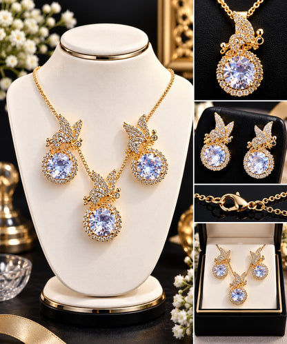 Premium Gold-Plated Butterfly Crystal Pendant Necklace Set for Women (Available in Pink, Green & Black)