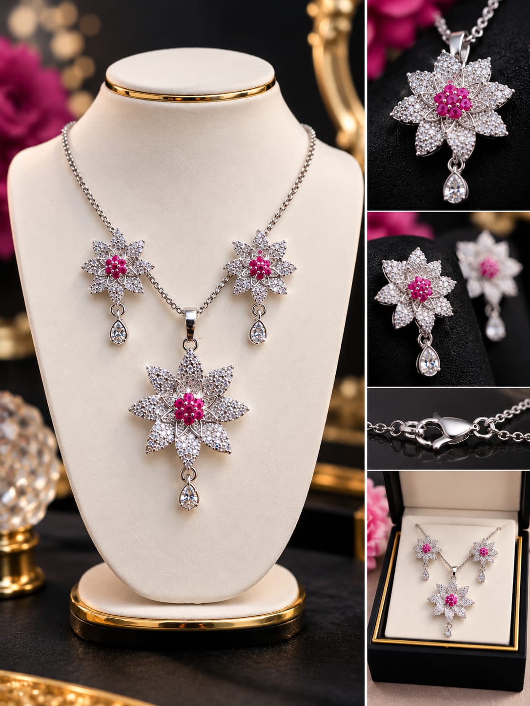 Silver Zircon Flower Jewelry Set with Pink Gemstone - Floral Pendant Necklace & Earrings Set for Women