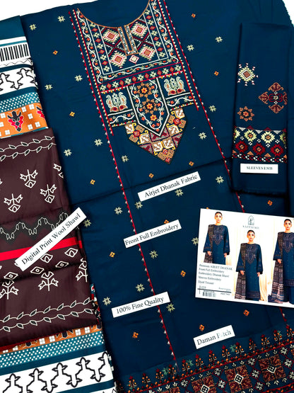 Premium Airjet Dhanak 3-Piece Suit with Embroidered Dhanak Shawl | Full Heavy Embroidery | Winter Collection 2026-27