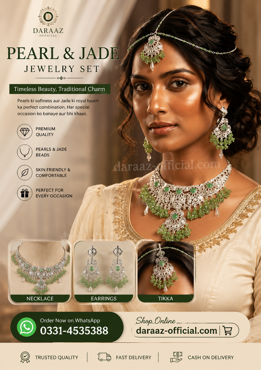 Elegant Pearl & Jade Jewelry Set – Premium Traditional Necklace, Earrings & Tikka Set