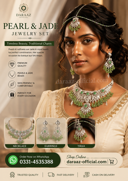 Elegant Pearl & Jade Jewelry Set – Premium Traditional Necklace, Earrings & Tikka Set