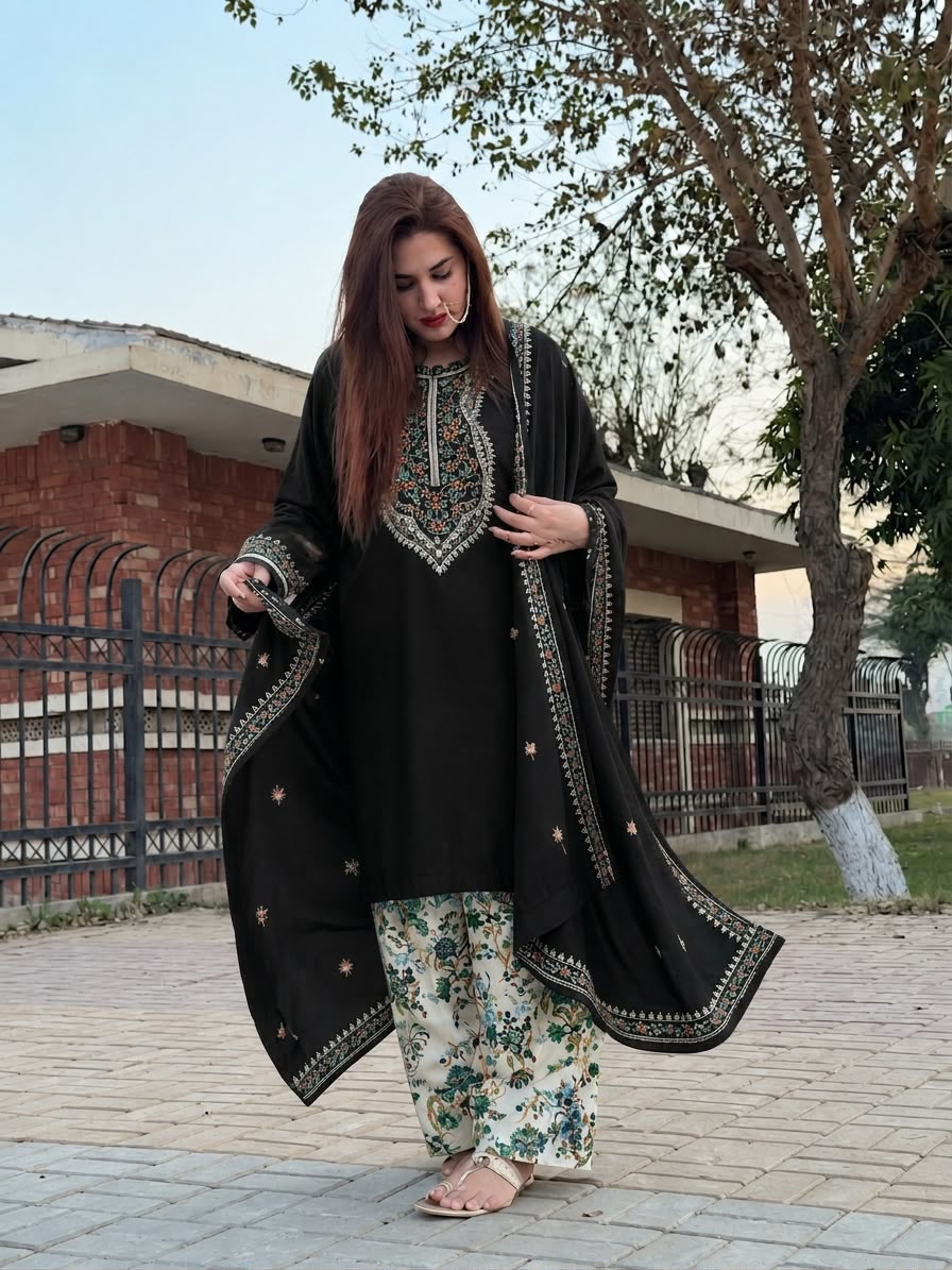 Aneelas Winter Collection 2026-27 - 3 Piece Heavy Embroidered Dhanak Suit with Digital Printed Karandi Trouser & Heavy Border Dhanak Shawl (D# NF 1305)