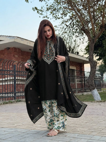 Aneelas Winter Collection 2026-27 - 3 Piece Heavy Embroidered Dhanak Suit with Digital Printed Karandi Trouser & Heavy Border Dhanak Shawl (D# NF 1305)
