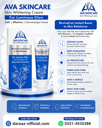 AVA Skin Whitening Cream | Brightening & Hydrating Face Cream | Smooth & Healthy-Looking Skin | 30g