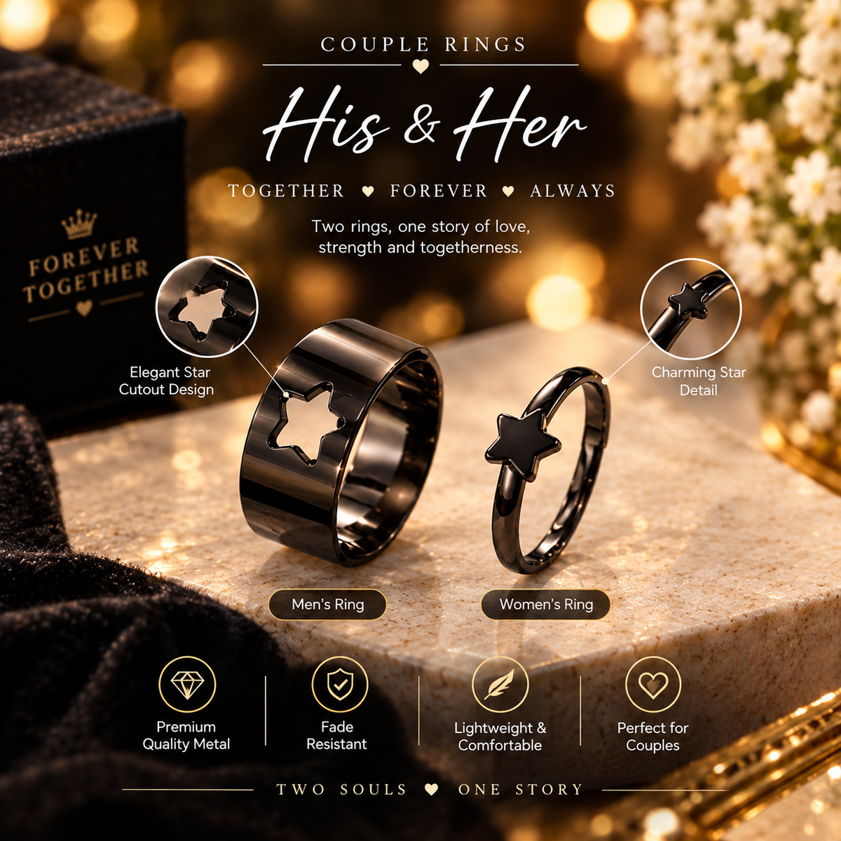 Premium Silver Star & Heart Couple Rings | His & Her Matching Rings | Elegant Couple Jewelry Set 💍✨