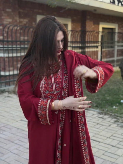 Aneelas Winter Collection 2026-27 - 3 Piece Heavy Embroidered Dhanak Suit with Digital Printed Karandi Trouser & Heavy Border Dhanak Shawl (D# NF 1305)