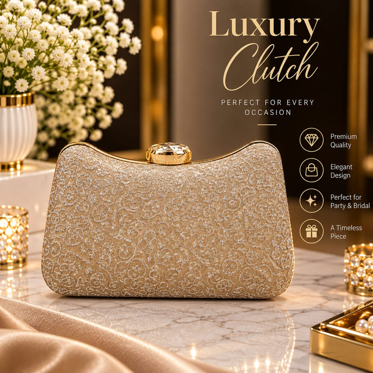 Elegant Crystal Floral Lace Bridal Clutch Bag | Premium Party Wear Purse for Women ✨