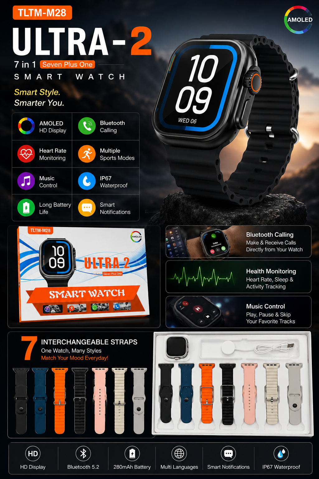 Ultra 2 Smart Watch TLTM-M28 | AMOLED HD Display, Bluetooth Calling, Heart Rate Monitor, Sports Modes, Smart Notifications, IP67 Waterproof, 7 Interchangeable Straps
