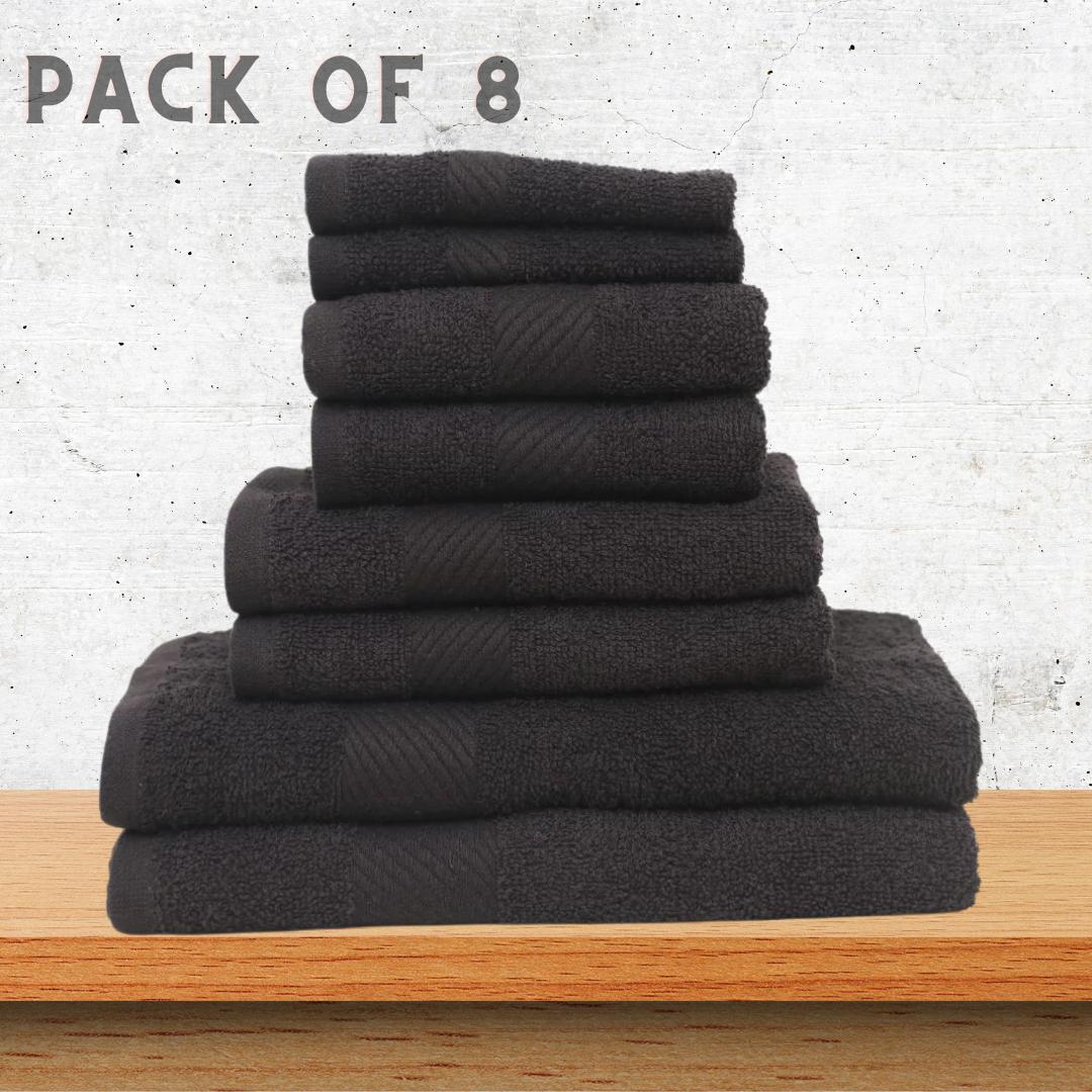 YAZA 100% Pure Cotton Jet Black Towel Set (Pack of 8) - Premium Bath, Hand & Wash Cloth Combo