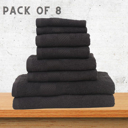YAZA 100% Pure Cotton Jet Black Towel Set (Pack of 8) - Premium Bath, Hand & Wash Cloth Combo
