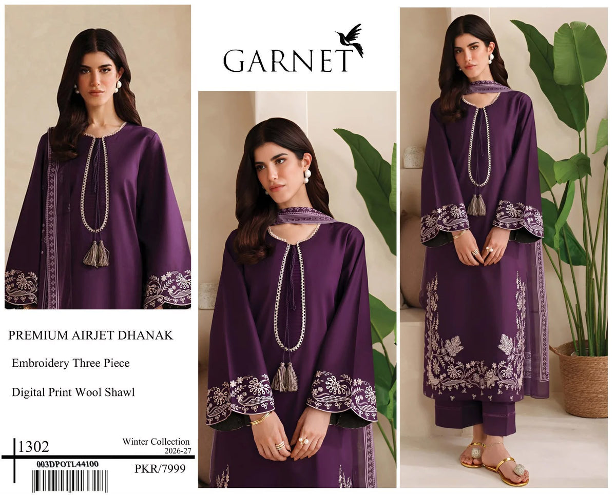 Premium Dhanak Heavy Embroidered 3-Piece Suit with Digital Print Wool Shawl | Full Front & Sleeves Heavy Embroidery | Dyed Back | Winter Collection 2026-27 | Code 1305, 1281 & 1219