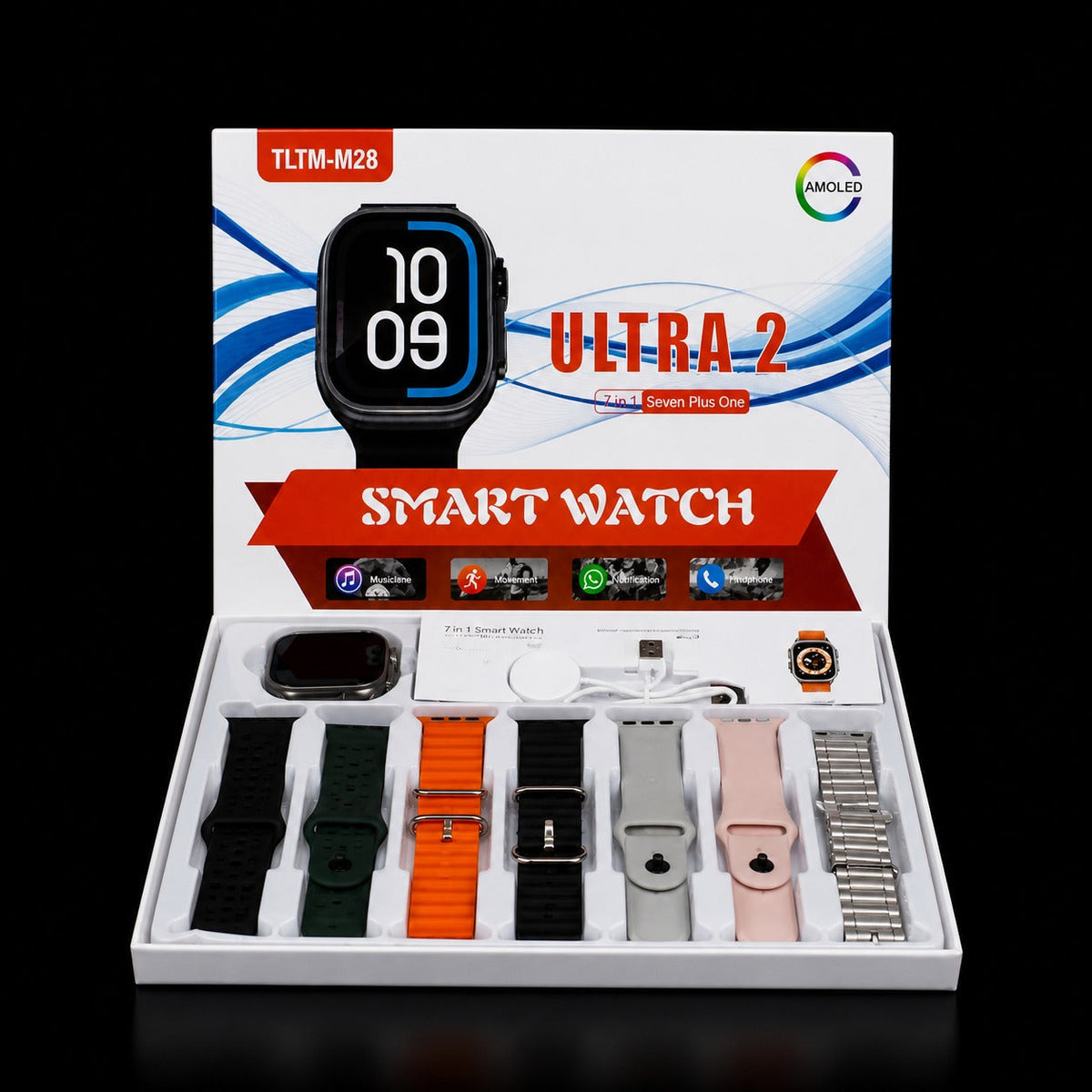 Ultra 2 Smart Watch TLTM-M28 | AMOLED HD Display, Bluetooth Calling, Heart Rate Monitor, Sports Modes, Smart Notifications, IP67 Waterproof, 7 Interchangeable Straps