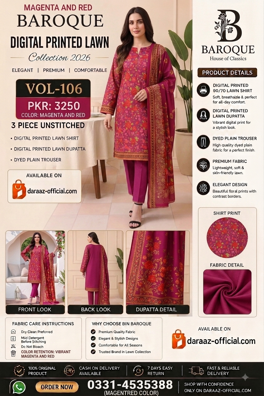 Baroque Digital Printed Lawn 3 Piece Unstitched Suit | Mustard Beige & Burnt Orange | Premium Lawn Collection 2026 | Vol-106