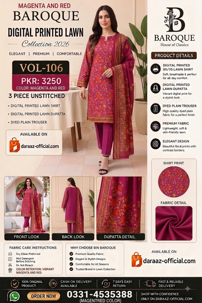 Baroque Digital Printed Lawn 3 Piece Unstitched Suit | Mustard Beige & Burnt Orange | Premium Lawn Collection 2026 | Vol-106