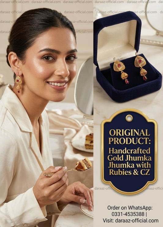 Premium Gold Plated Jhumka Earrings with Ruby Stones | Traditional Filigree Drop Earrings for Women