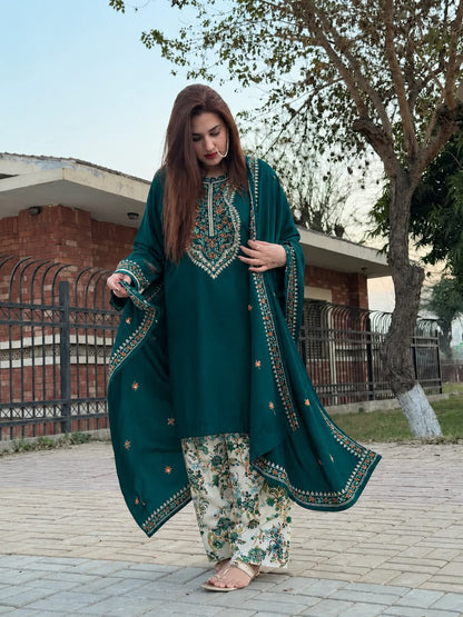 Aneelas Winter Collection 2026-27 - 3 Piece Heavy Embroidered Dhanak Suit with Digital Printed Karandi Trouser & Heavy Border Dhanak Shawl (D# NF 1305)