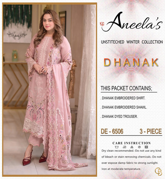 Aneela’s 6506 Premium Winter Dhanak Collection 2026–27 | Heavy Embroidered 3-Piece Suit with Shawl