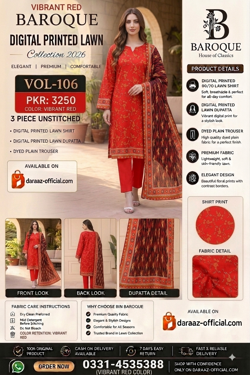 Baroque Digital Printed Lawn 3 Piece Unstitched Suit | Mustard Beige & Burnt Orange | Premium Lawn Collection 2026 | Vol-106
