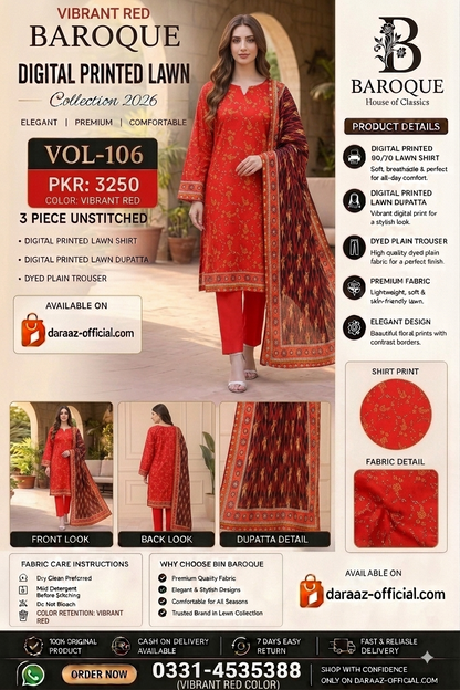 Baroque Digital Printed Lawn 3 Piece Unstitched Suit | Mustard Beige & Burnt Orange | Premium Lawn Collection 2026 | Vol-106