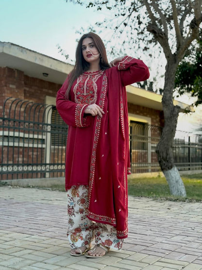 Aneelas Winter Collection 2026-27 - 3 Piece Heavy Embroidered Dhanak Suit with Digital Printed Karandi Trouser & Heavy Border Dhanak Shawl (D# NF 1305)