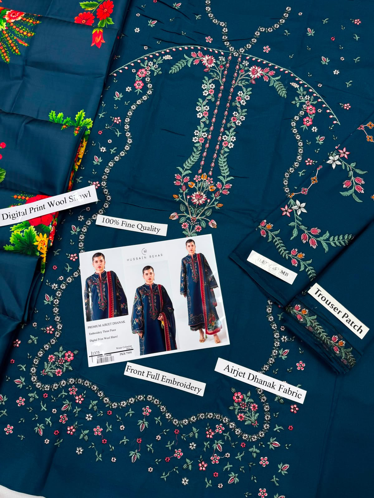 Premium Airjet Dhanak Digital Wool Shawl 3-Piece Suit | Winter Collection 2026-27 | Front & Sleeves Embroidered | Dyed Trouser | Luxury Printed Wool Shawl