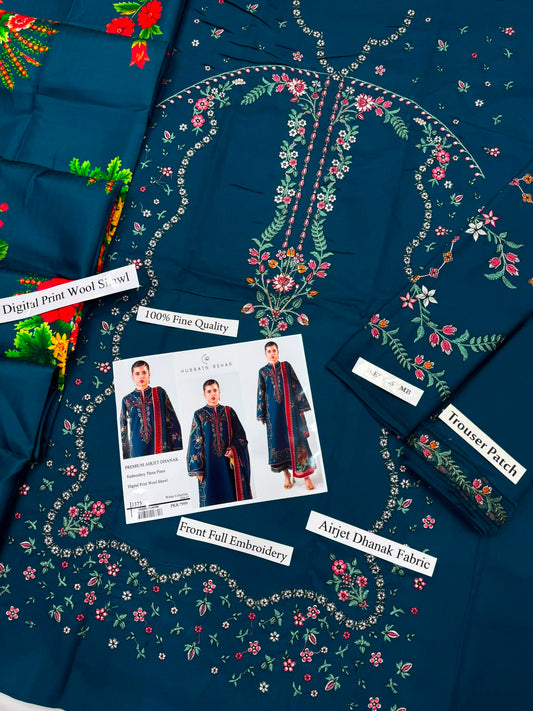 Premium Dhanak Heavy Embroidered 3-Piece Suit with Digital Print Wool Shawl | Full Front & Sleeves Heavy Embroidery | Dyed Back | Winter Collection 2026-27 | Code 1305, 1281 & 1219
