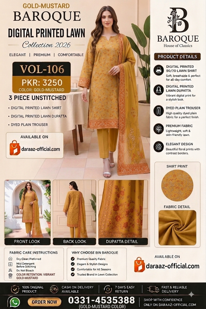 Baroque Digital Printed Lawn 3 Piece Unstitched Suit | Mustard Beige & Burnt Orange | Premium Lawn Collection 2026 | Vol-106