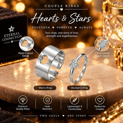 Premium Silver Star & Heart Couple Rings | His & Her Matching Rings | Elegant Couple Jewelry Set 💍✨