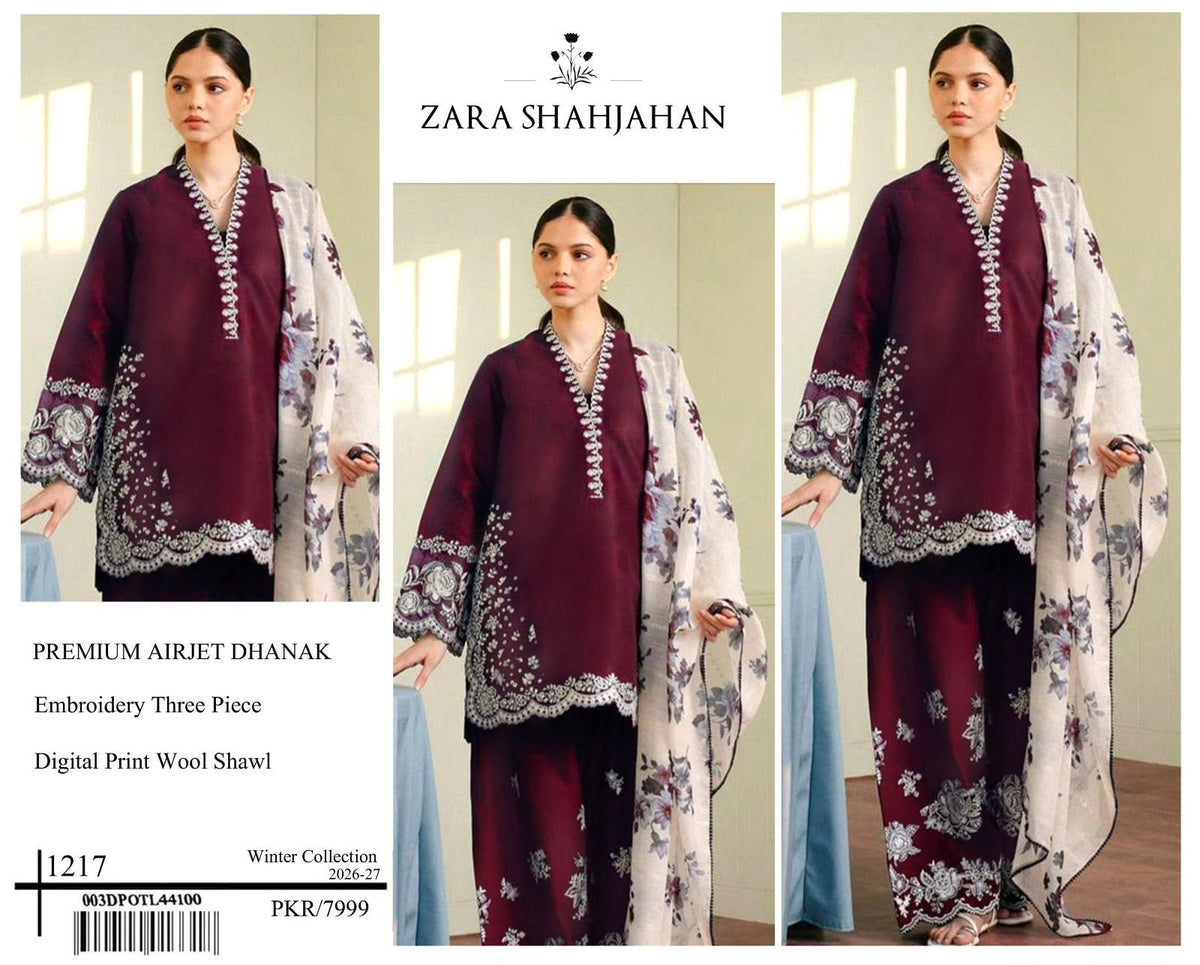 Zara Shahjahan Premium Dhanak Embroidered 3-Piece Suit | Digital Wool Shawl | Winter Collection 2026-27