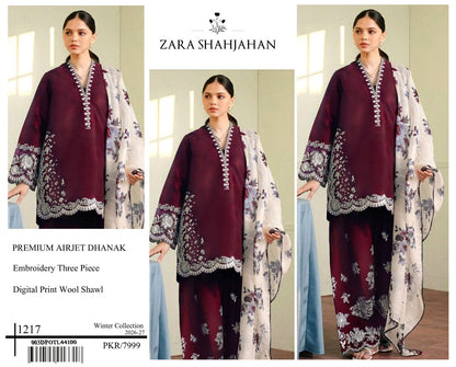 Zara Shahjahan Premium Dhanak Embroidered 3-Piece Suit | Digital Wool Shawl | Winter Collection 2026-27