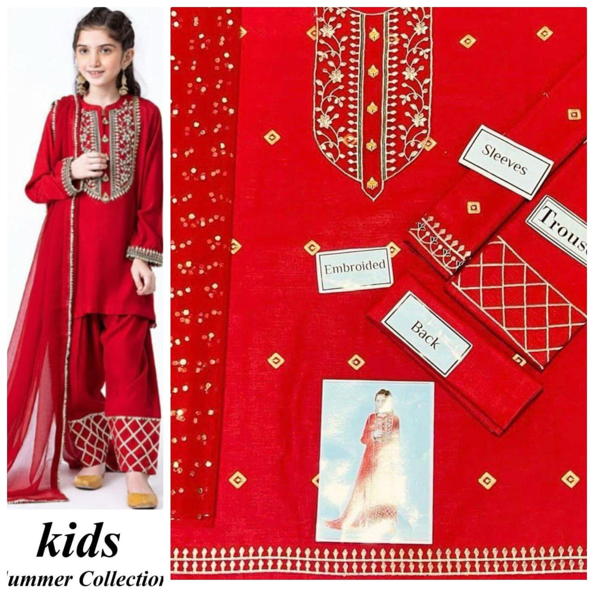 Kids 3-Piece Embroidered Lawn Suit with Net Dupatta & Stylish Patches