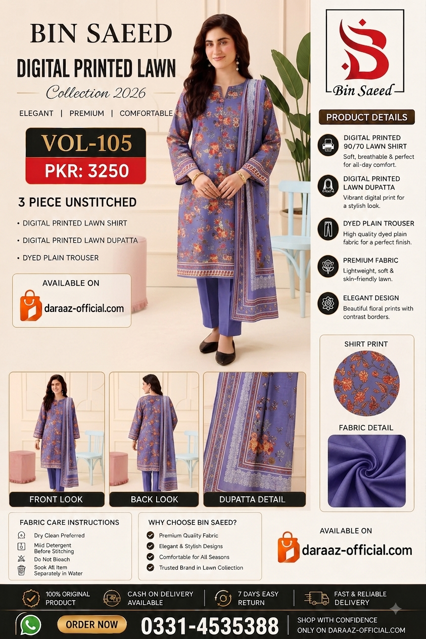 Bin Saeed Digital Printed Lawn Collection 2026 | 3 Piece Unstitched Lawn Suit | Vol-105 | Premium Printed Lawn Suit | PKR 3250