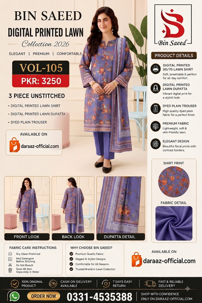 Bin Saeed Digital Printed Lawn Collection 2026 | 3 Piece Unstitched Lawn Suit | Vol-105 | Premium Printed Lawn Suit | PKR 3250