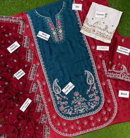 Nishat Silk Collection 2026 – Premium 3PC Embroidered Silk Suit | Ready-to-Wear Chiffon Embroidered Dupatta | Luxury Winter Collection