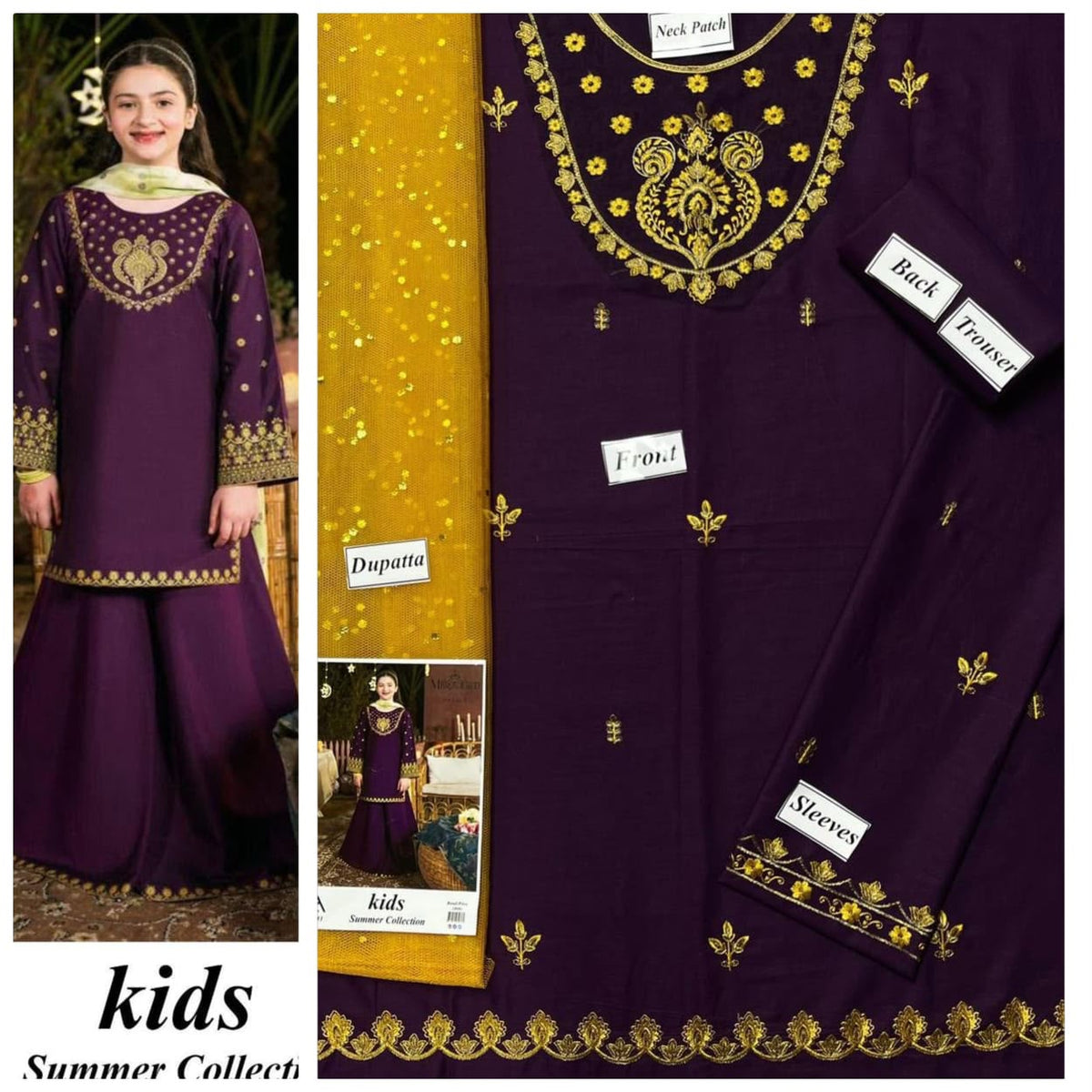 Kids 3-Piece Embroidered Lawn Suit with Net Dupatta & Stylish Patches