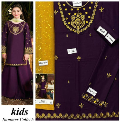 Kids 3-Piece Embroidered Lawn Suit with Net Dupatta & Stylish Patches