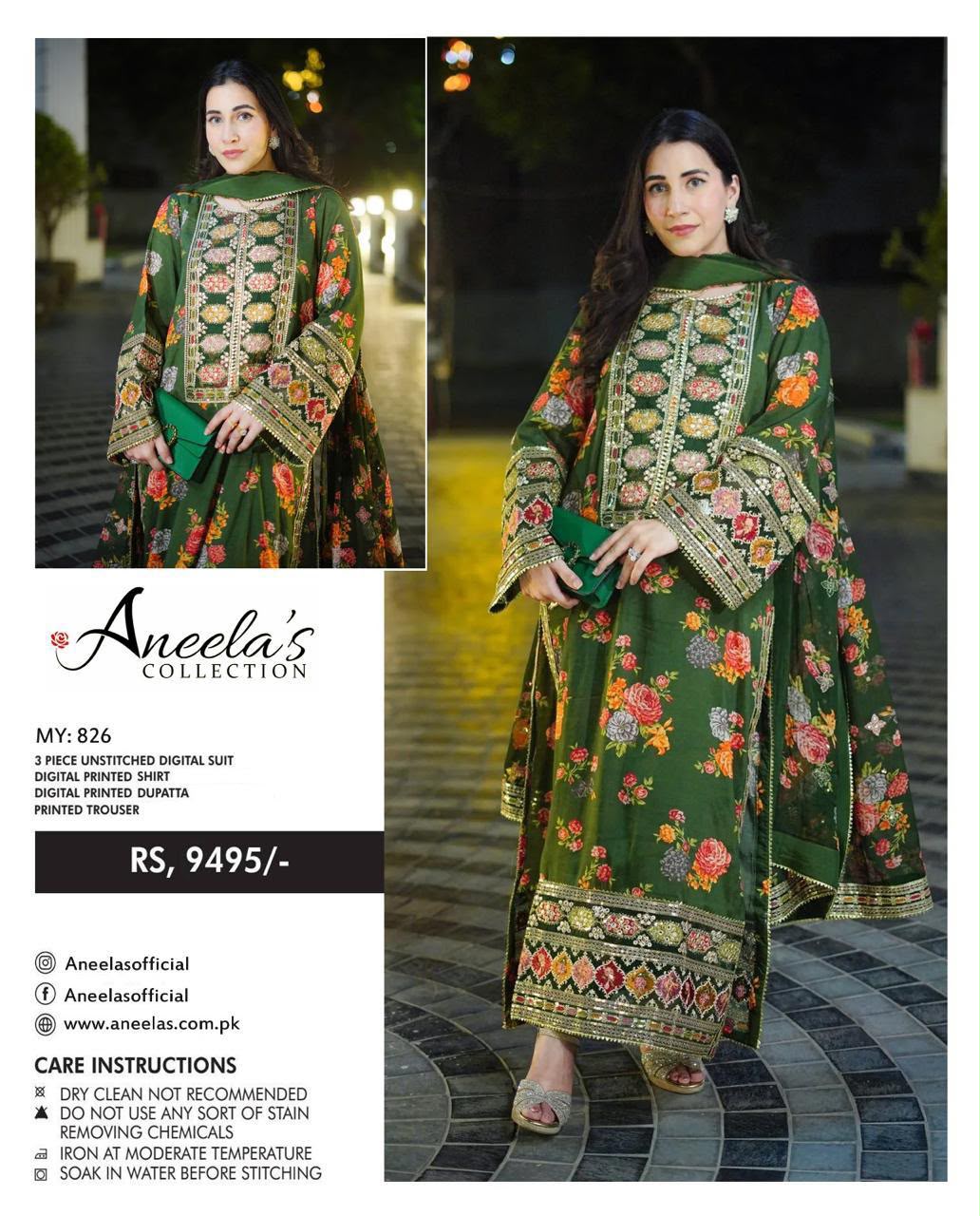 Sabyasachi Aneela's Fine Shamose Silk 3PC – Digital Printed & Embroidered Collection | Ready-to-Wear 4-Side Embroidered Silk Dupatta