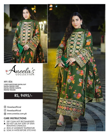 Sabyasachi Aneela's Fine Shamose Silk 3PC – Digital Printed & Embroidered Collection | Ready-to-Wear 4-Side Embroidered Silk Dupatta