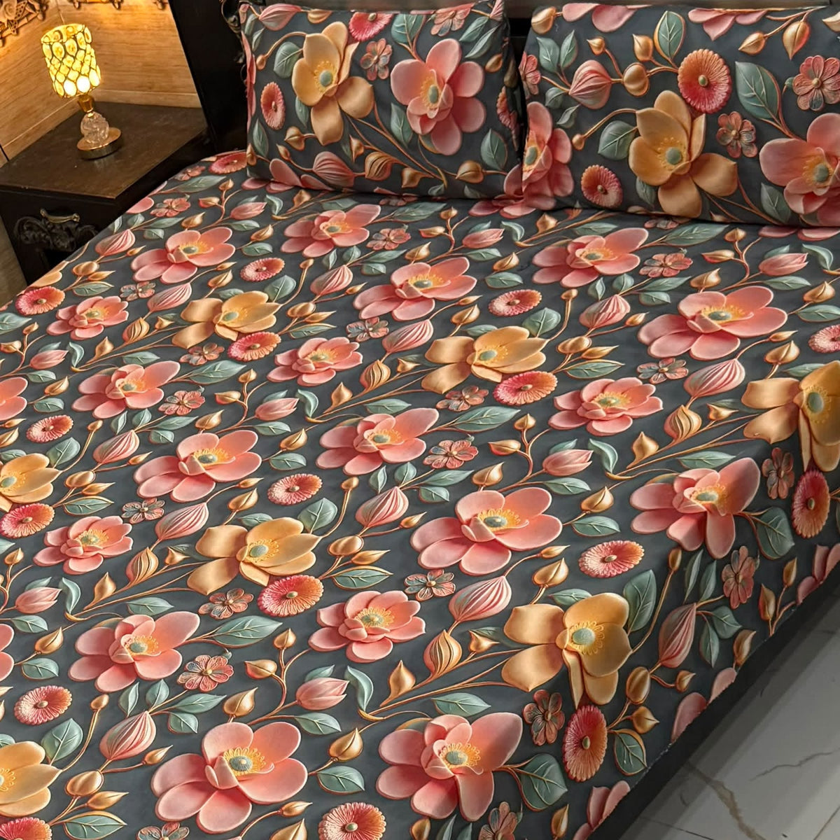 Premium 9D Digital Printed Bedsheet Set - King Size Micro Cotton Bedsheet with 2 Pillow Covers
