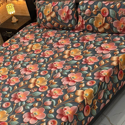 Premium 9D Digital Printed Bedsheet Set - King Size Micro Cotton Bedsheet with 2 Pillow Covers