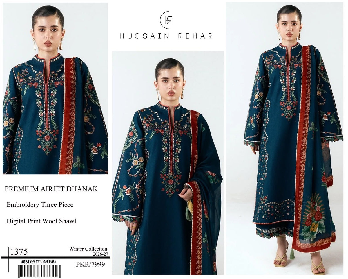 Premium Airjet Dhanak Digital Wool Shawl 3-Piece Suit | Winter Collection 2026-27 | Front & Sleeves Embroidered | Dyed Trouser | Luxury Printed Wool Shawl
