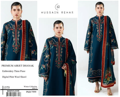 Premium Airjet Dhanak Digital Wool Shawl 3-Piece Suit | Winter Collection 2026-27 | Front & Sleeves Embroidered | Dyed Trouser | Luxury Printed Wool Shawl
