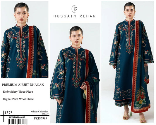 Premium Airjet Dhanak Digital Wool Shawl 3-Piece Suit | Winter Collection 2026-27 | Front & Sleeves Embroidered | Dyed Trouser | Luxury Printed Wool Shawl
