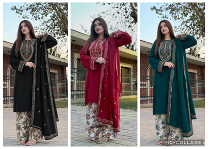 Aneelas Winter Collection 2026-27 - 3 Piece Heavy Embroidered Dhanak Suit with Digital Printed Karandi Trouser & Heavy Border Dhanak Shawl (D# NF 1305)