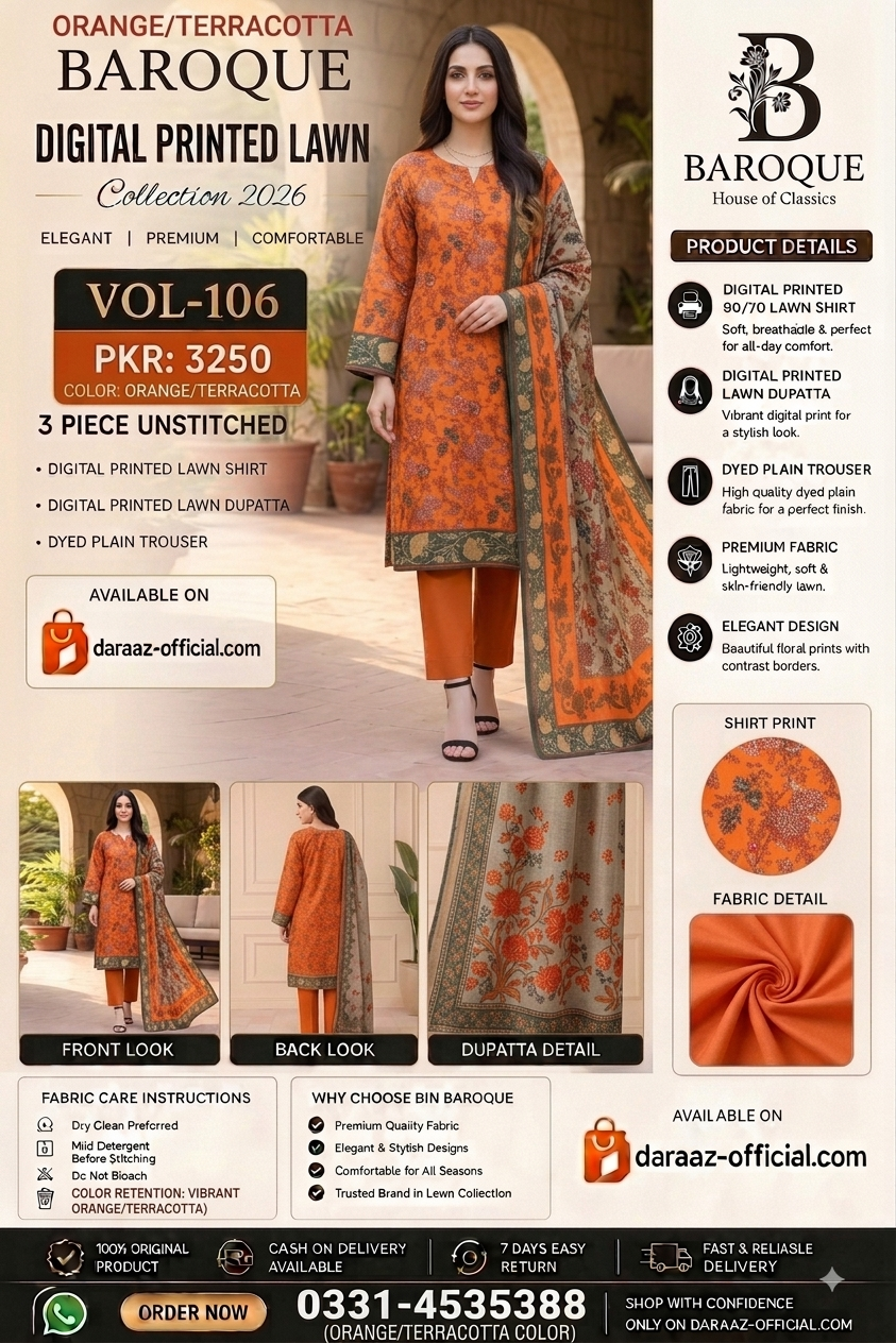 Baroque Digital Printed Lawn 3 Piece Unstitched Suit | Mustard Beige & Burnt Orange | Premium Lawn Collection 2026 | Vol-106