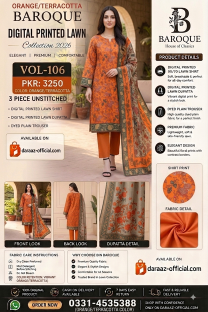 Baroque Digital Printed Lawn 3 Piece Unstitched Suit | Mustard Beige & Burnt Orange | Premium Lawn Collection 2026 | Vol-106