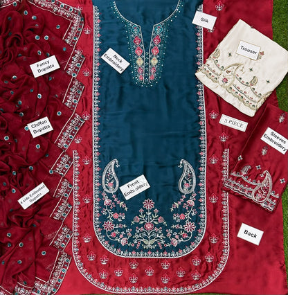 Nishat Silk Collection 2026 – Premium 3PC Embroidered Silk Suit | Ready-to-Wear Chiffon Embroidered Dupatta | Luxury Winter Collection