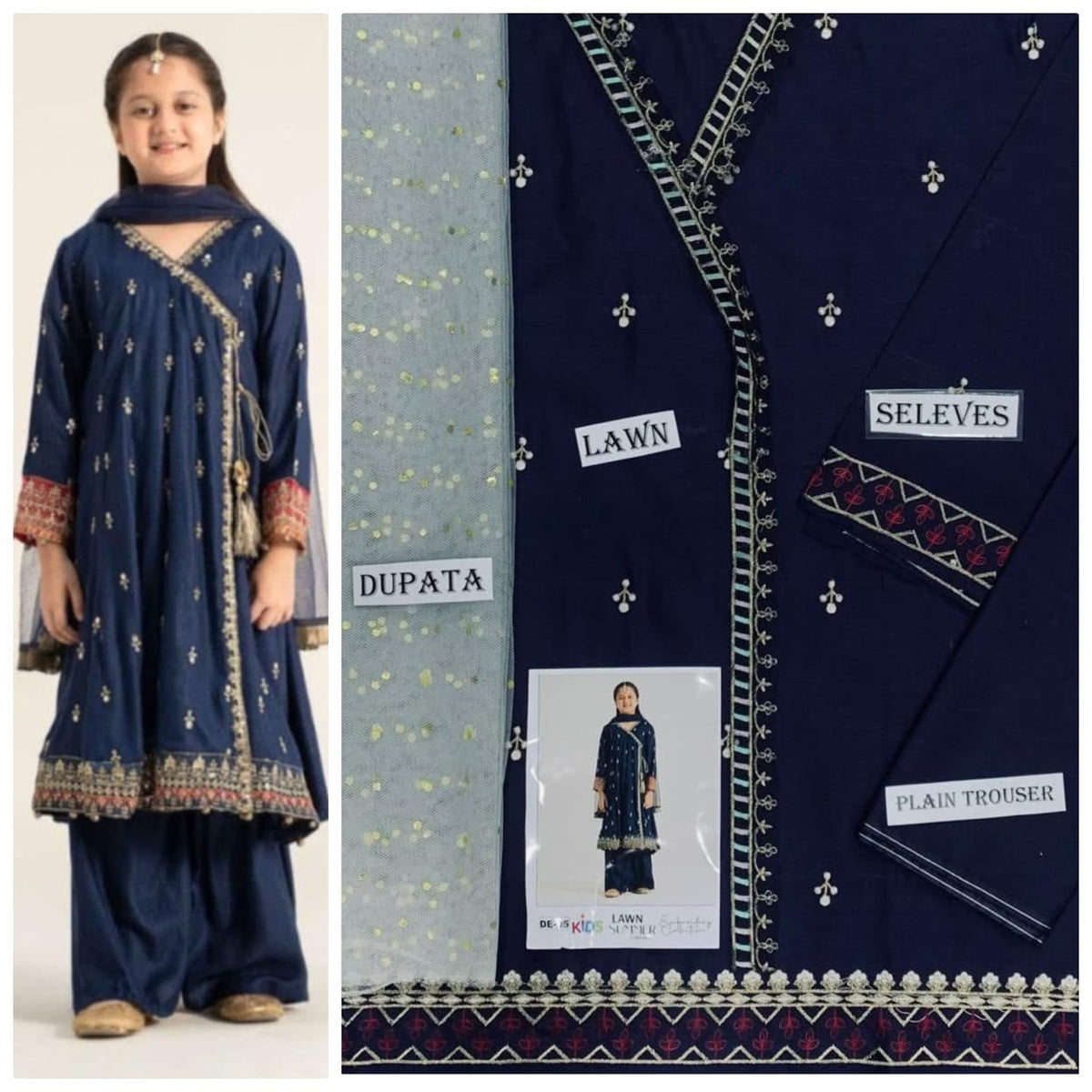 Kids 3-Piece Embroidered Lawn Suit with Net Dupatta & Stylish Patches