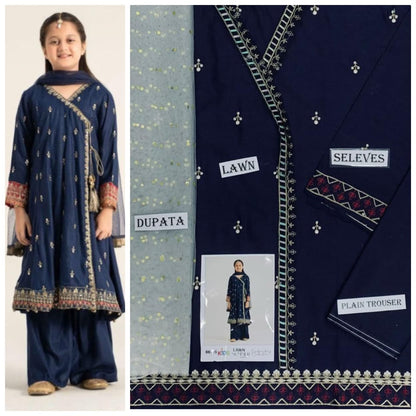 Kids 3-Piece Embroidered Lawn Suit with Net Dupatta & Stylish Patches